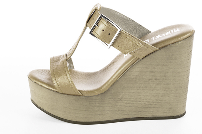 Gold women's fully open mule sandals.. Profile view - Florence KOOIJMAN